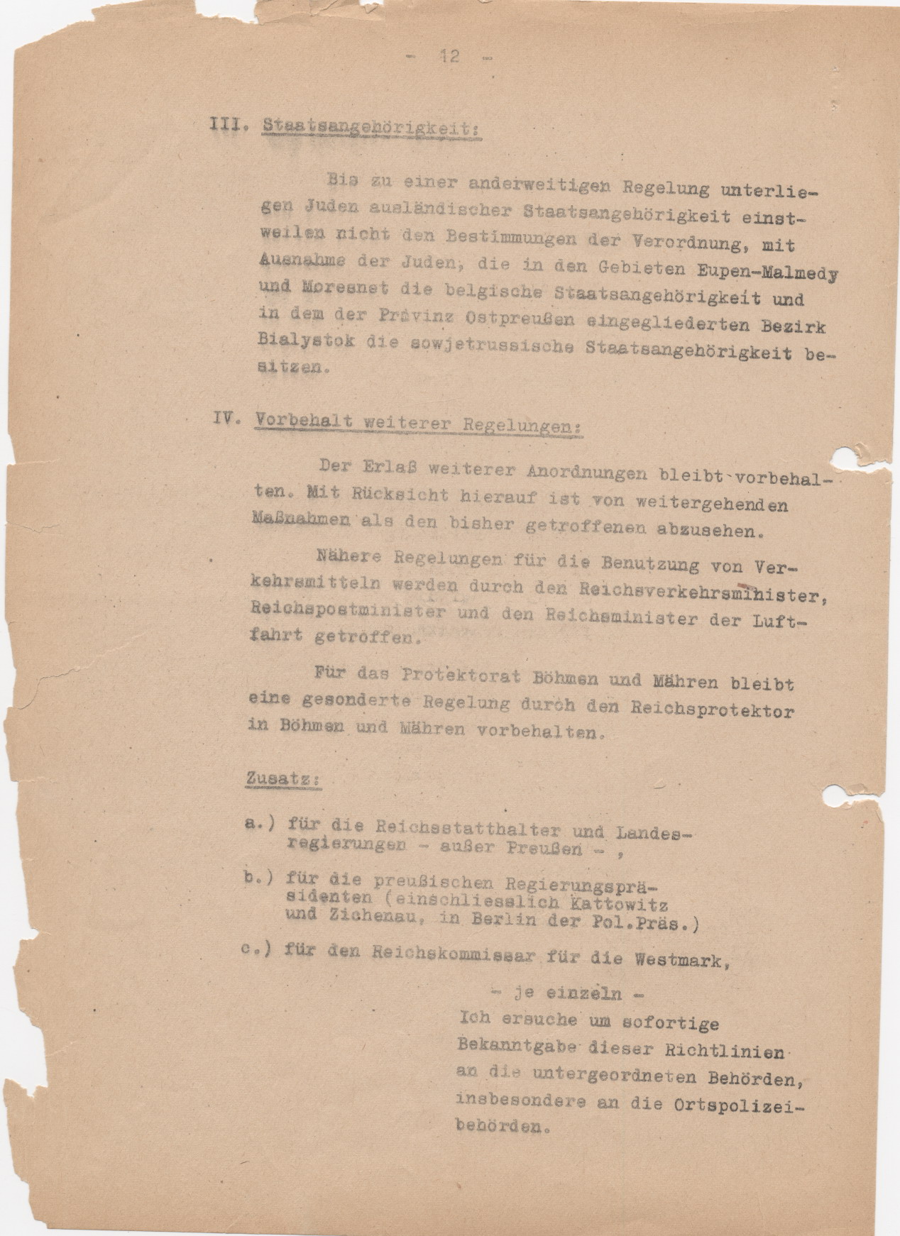 Schreiben des Reichsministers des Inneren, Heydrich, bezüglich der Kennzeichnungspflicht für Juden, Berlin 15.09.1941