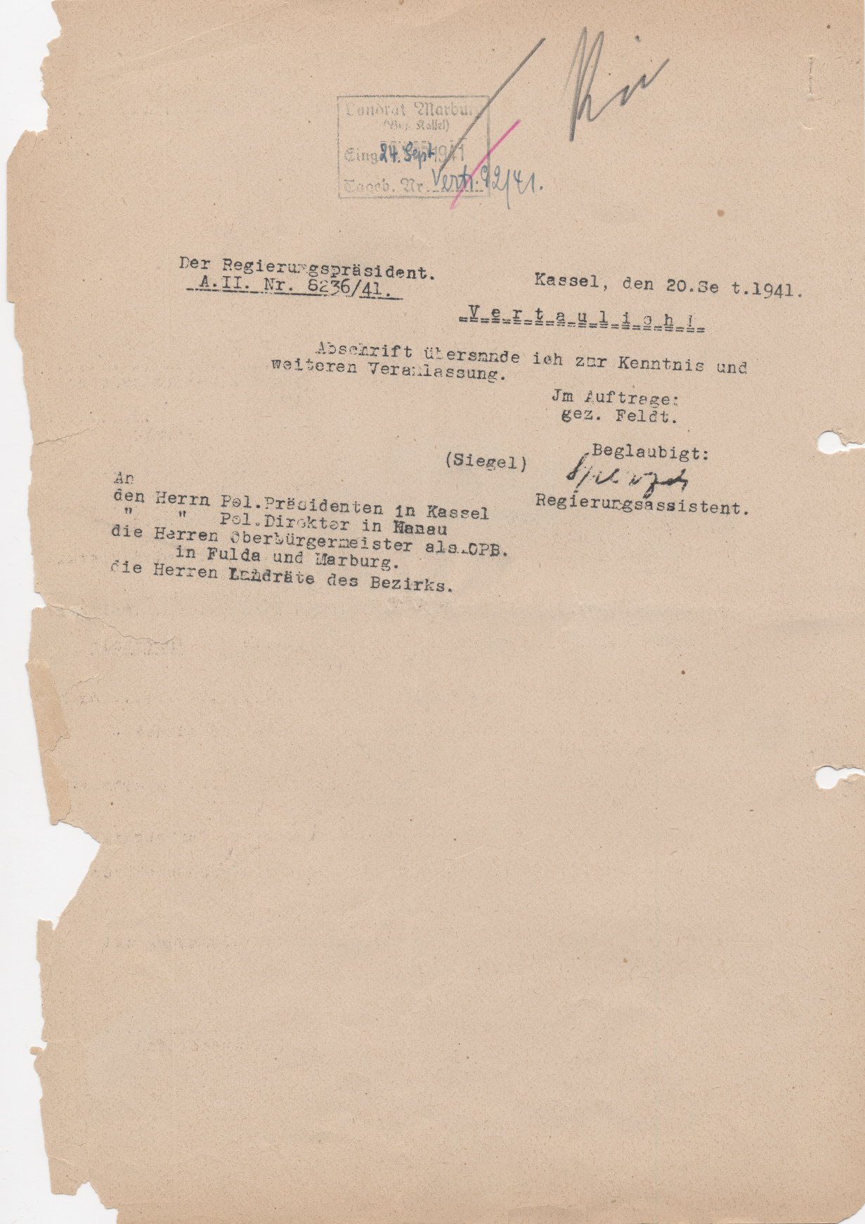 Schreiben des Reichsministers des Inneren, Heydrich, bezüglich der Kennzeichnungspflicht für Juden, Berlin 15.09.1941