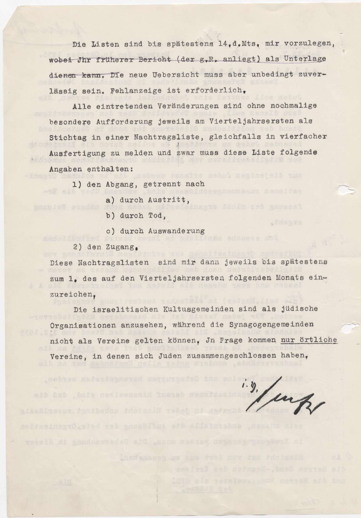 Schreiben des Marburger Landrates an die Gendarmeriebeamten und Bürgermeister des Kreises, bezüglich der Erstellung einer zentralen Judenkartei, Marburg 10.10.1935