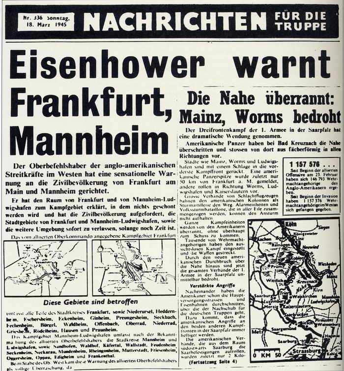 Am 5. Februar 1945 befiehlt das Oberkommando der Wehrmacht die Verteidigung Frankfurts "bis zum letzten Mann" - und am 17. März 1945 ruft General Eisenhowers die Zivilbevölkerung im Raum Frankfurt zum Verlassen der Kampfzone auf