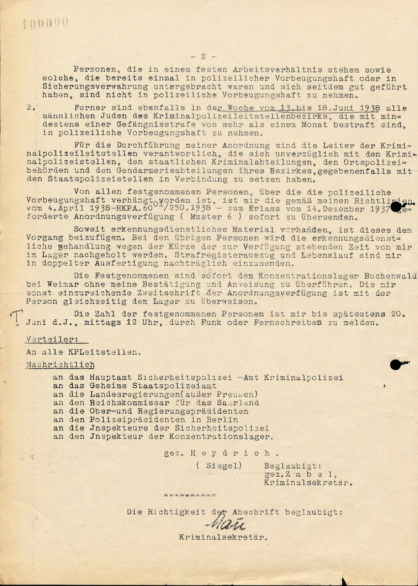Abschrift einer Verfügung des Reichskriminalamts an die Staatliche Kriminalpolizeistelle in Kassel, bzgl. Vorbeugender Verbrechensbekämpfung, 1. Juni 1938