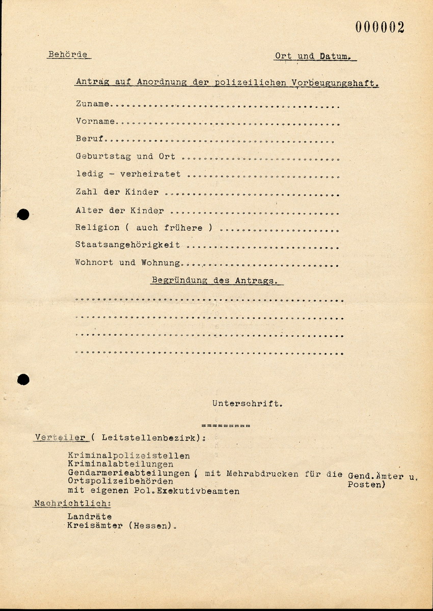 Abschrift einer Verfügung des Reichskriminalamts an die Staatliche Kriminalpolizeistelle in Kassel, bzgl. Vorbeugender Verbrechensbekämpfung, 1. Juni 1938