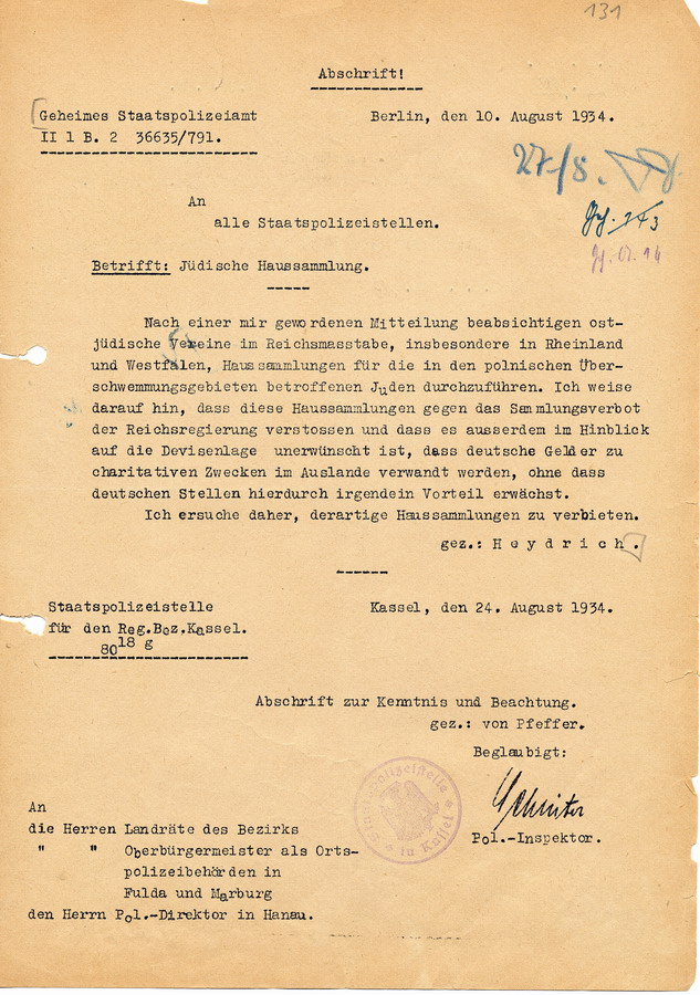 Heydrich informiert alle Staatspolizeistellen über geplante jüdische Haussammlung für die Opfer der polnischen Überschwemmungsgebiete und über die Unrechtmäßigkeit derselben, 10.08.1934.