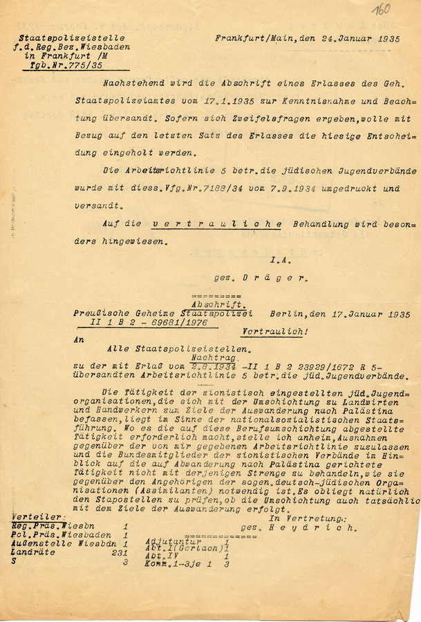 Rundschrift der Staatspolizeistelle Wiesbaden mit Abschrift einer Verordnung der Preußischen Geheimen Staatspolizei die jüdischen Jugendverbände betreffend, 1935