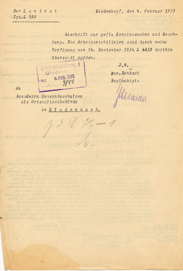 Rundschrift der Staatspolizeistelle Wiesbaden mit Abschrift einer Verordnung der Preußischen Geheimen Staatspolizei die jüdischen Jugendverbände betreffend, 1935