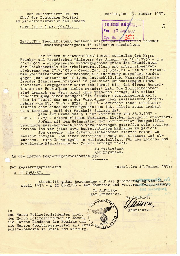 Schreiben des Vertreters des Reichsführers SS als Chef der deutschen Polizei Heydrich an die Regierungspräsidenten. Hinweis auf genaue Auslegung der Verfügung zur Beschäftigung von weibl. Hausangestellten, 13. Januar 1937