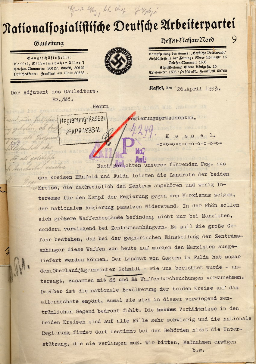 Bild zum Dokument Beschwerde der NSDAP über die Landräte von Hünfeld und Fulda, 