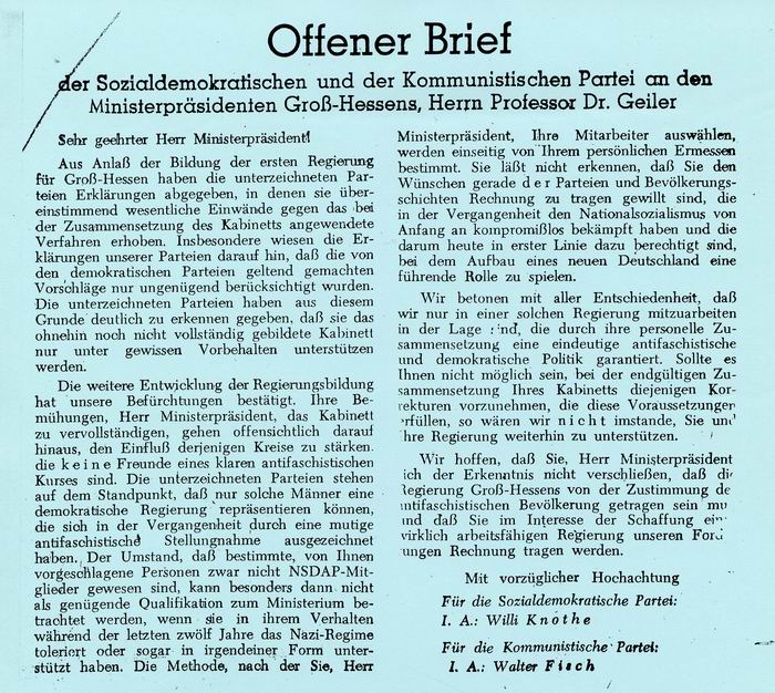 Offener Brief: der SPD und KPD an den Ministerpräsidenten Groß-Hessens