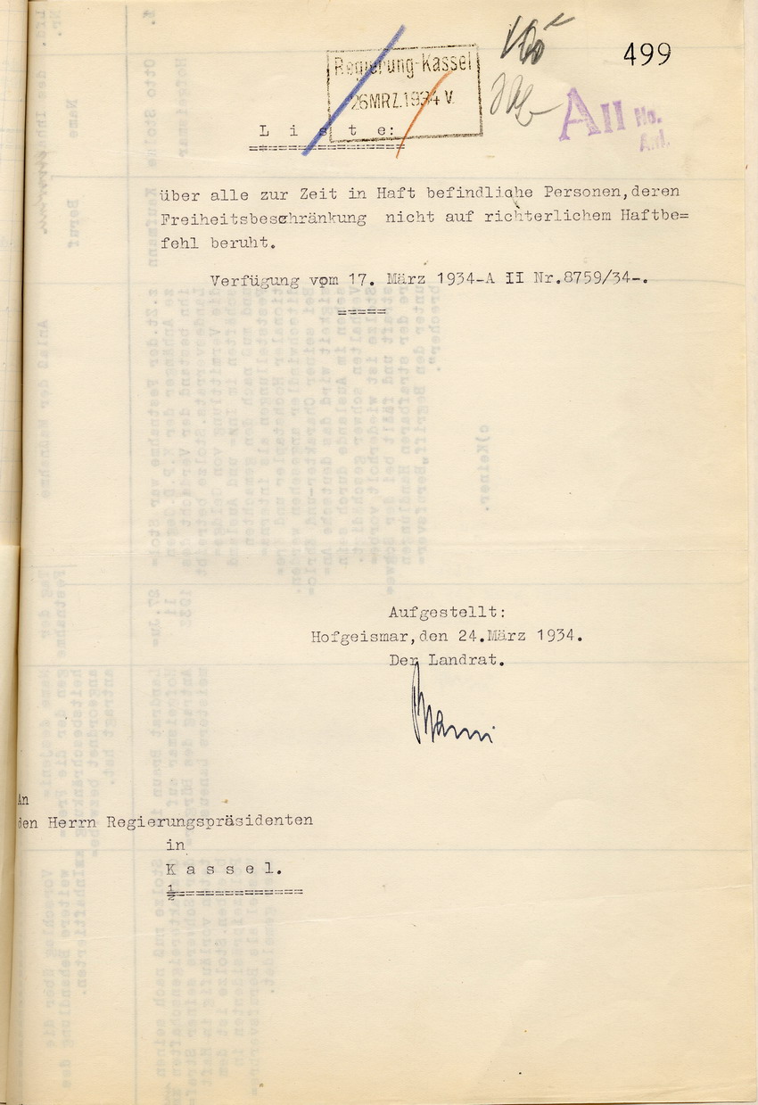 Bild zum Dokument Landrat: Nachweisung der am 13. März 1934 in Haft befindlich g