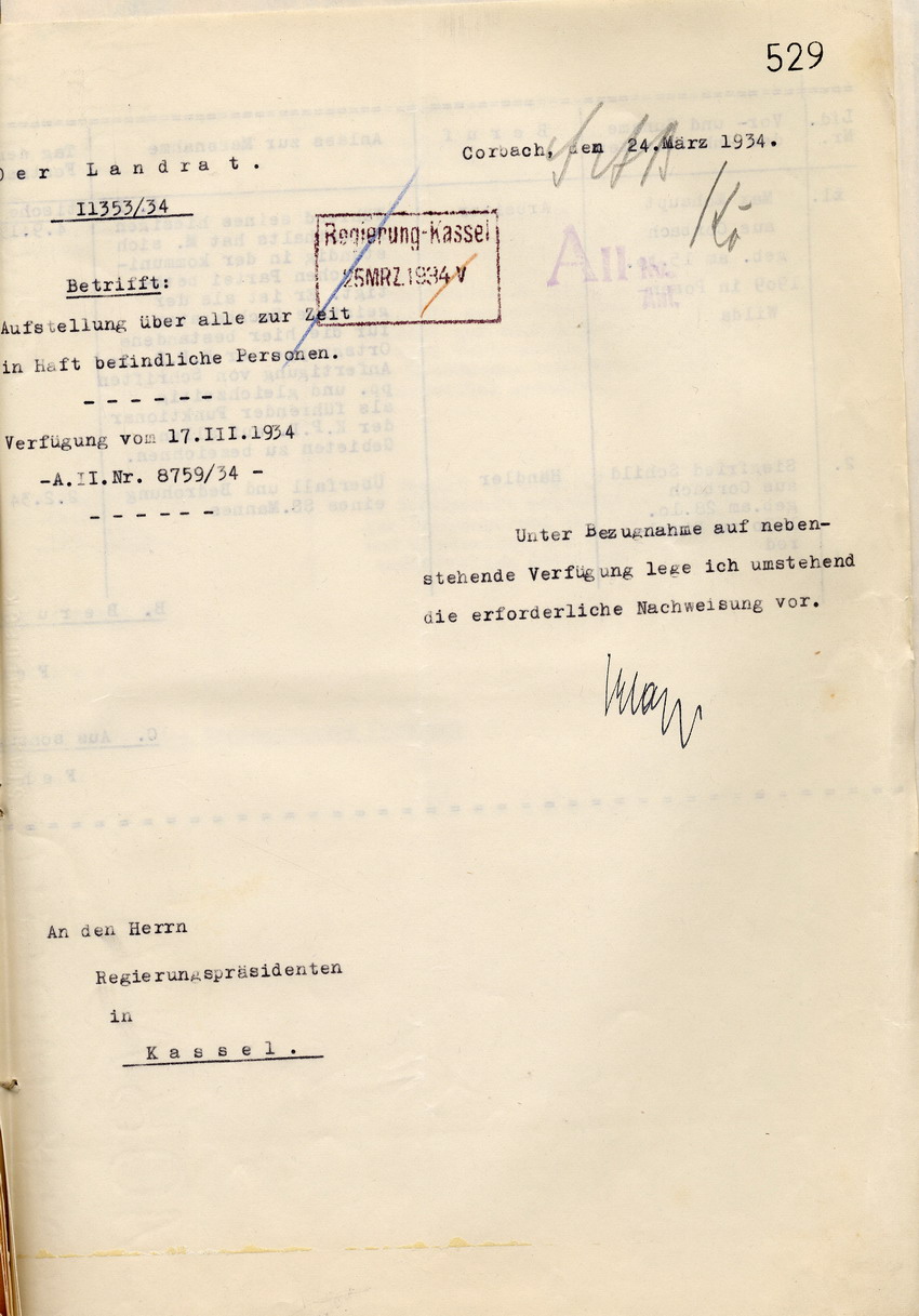 Bild zum Dokument Landrat: Nachweisung der am 13. März 1934 in Haft befindlich g