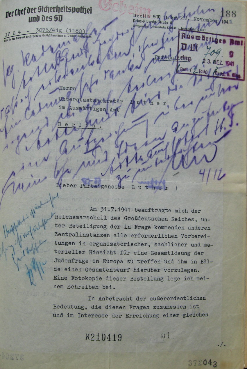 Einladungsschreiben des Chef der Sicherheitspolizei und des SD, Heydrich, an Unterstaatssekretär Martin Luther, Auswärtiges Amt, Einladung zur "Wannsee-Konferenz",  29. November 1941  [+ 8.1.1942]