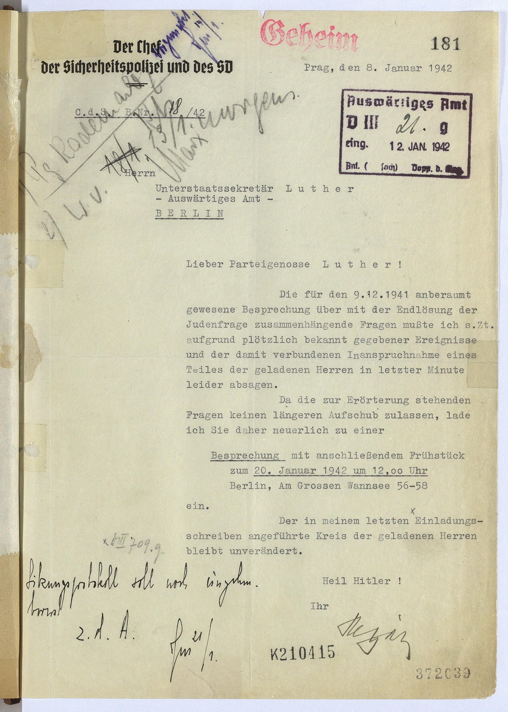 Einladungsschreiben des Chef der Sicherheitspolizei und des SD, Heydrich, an Unterstaatssekretär Martin Luther, Auswärtiges Amt, Einladung zur "Wannsee-Konferenz",  29. November 1941  [+ 8.1.1942]