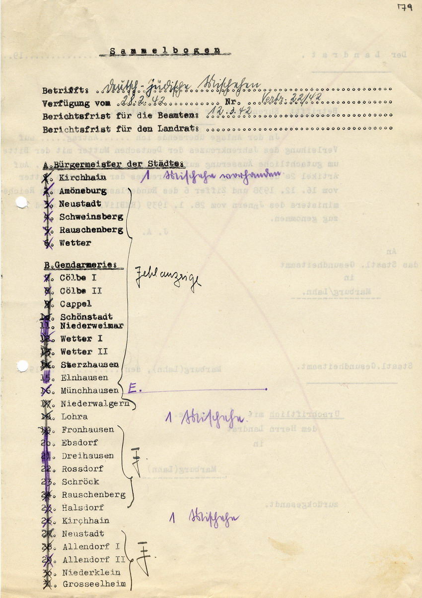 Geheime Staatspolizei, Staatspolizeistelle Kassel an die Landräte des Bezirks, sowie Oberbürgermeister, StaPo u.a. betreffend deutsch-jüdischen Mischehen, Kassel, 25. Februar 1942