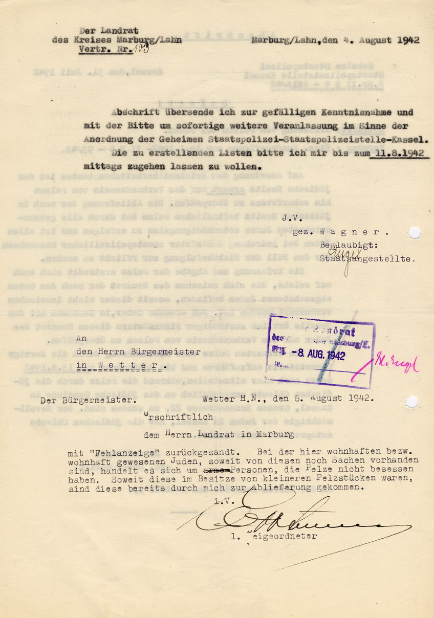 Behördliche Anordnung zwecks Konfiskation von (Alt-)Kleidung der jüdischen Bevölkerung. Rundschreiben an den Bevollmächtigten der Juden in Kassel, 13. Juni 1942