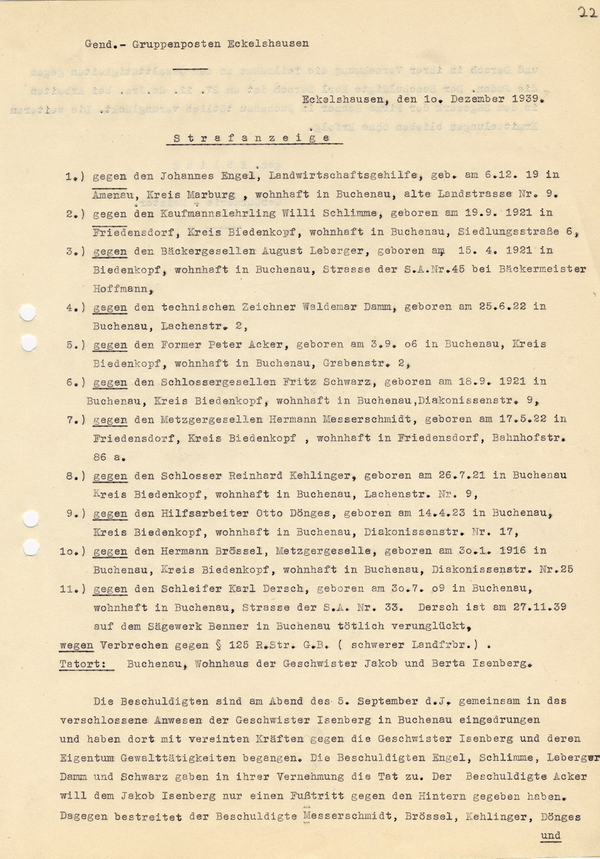 Gendarmerie-Gruppenposten Eckelshausen stellt Strafanzeige in der Straftat "Isenberg" in Buchenau gegen 11 Personen. Eckelshausen, 10. Dezember 1939