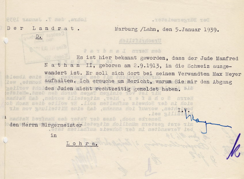 Antwortschreiben des Bürgermeisters von Lohra an den Landrat in Marburg betr. die fehlende Anzeige zur Auswanderung des Juden Manfred Nathan ll in die Schweiz, 07. Januar 1939