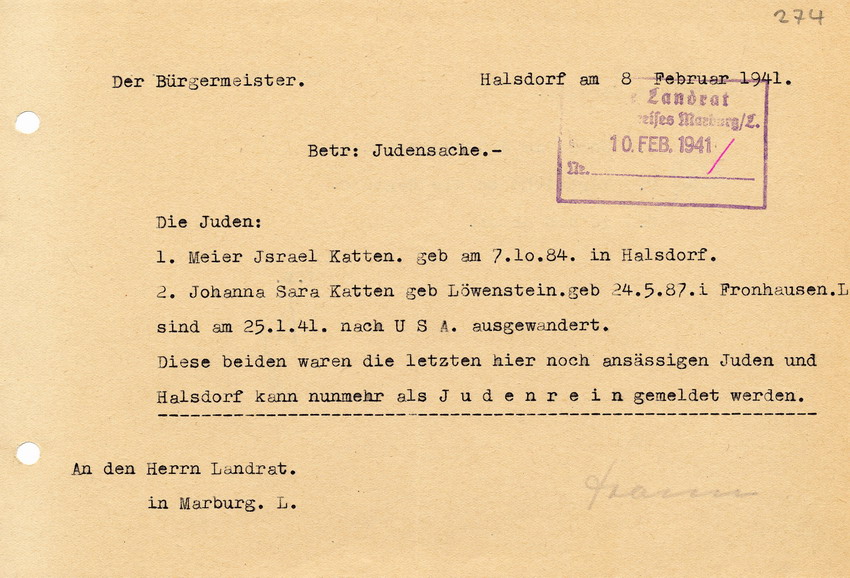 Schreiben des Bürgermeisters von Halsdorf an den Landrat in Marburg betreffend die Auswanderung der letzten Juden in Halsdorf,  08. Februar 1941