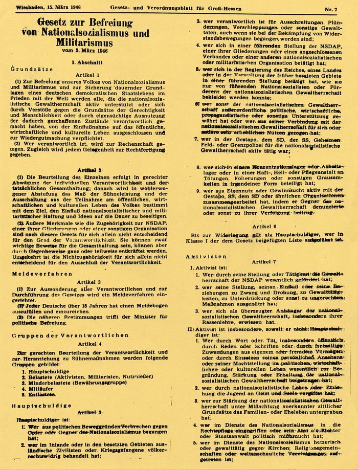 Gesetz: zur Befreiung von Nationalsozialismus und Militarismus vom 5. März 1946 (Auszüge)