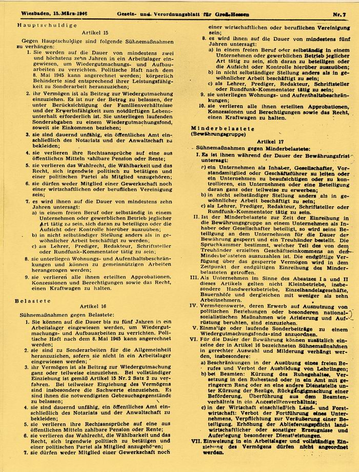 Gesetz: zur Befreiung von Nationalsozialismus und Militarismus vom 5. März 1946 (Auszüge)