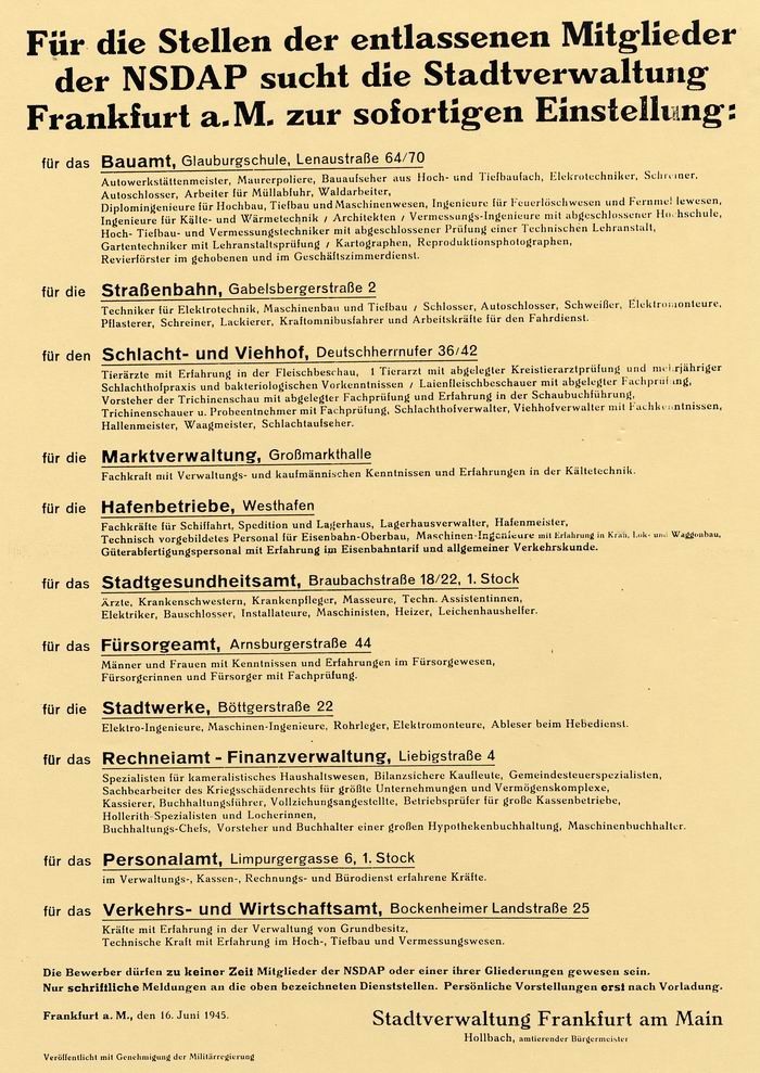 Anschlag: "Ausschreibung der Stadt Frankfurt für freigewordene Stellen ehemaliger NSDAP-Mitglieder" im öffentlichen Dienst vom 16. juni 1945