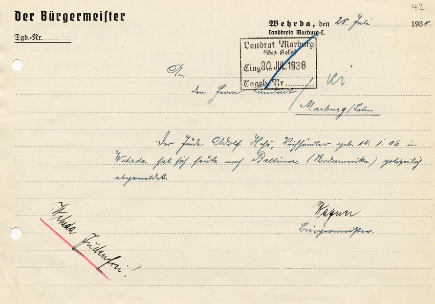 Schreiben des Bürgermeisters von Wehrda an den Landrat in Marburg betreffend die Abmeldung des letzten Juden in Wehrda,  28. Juli 1938