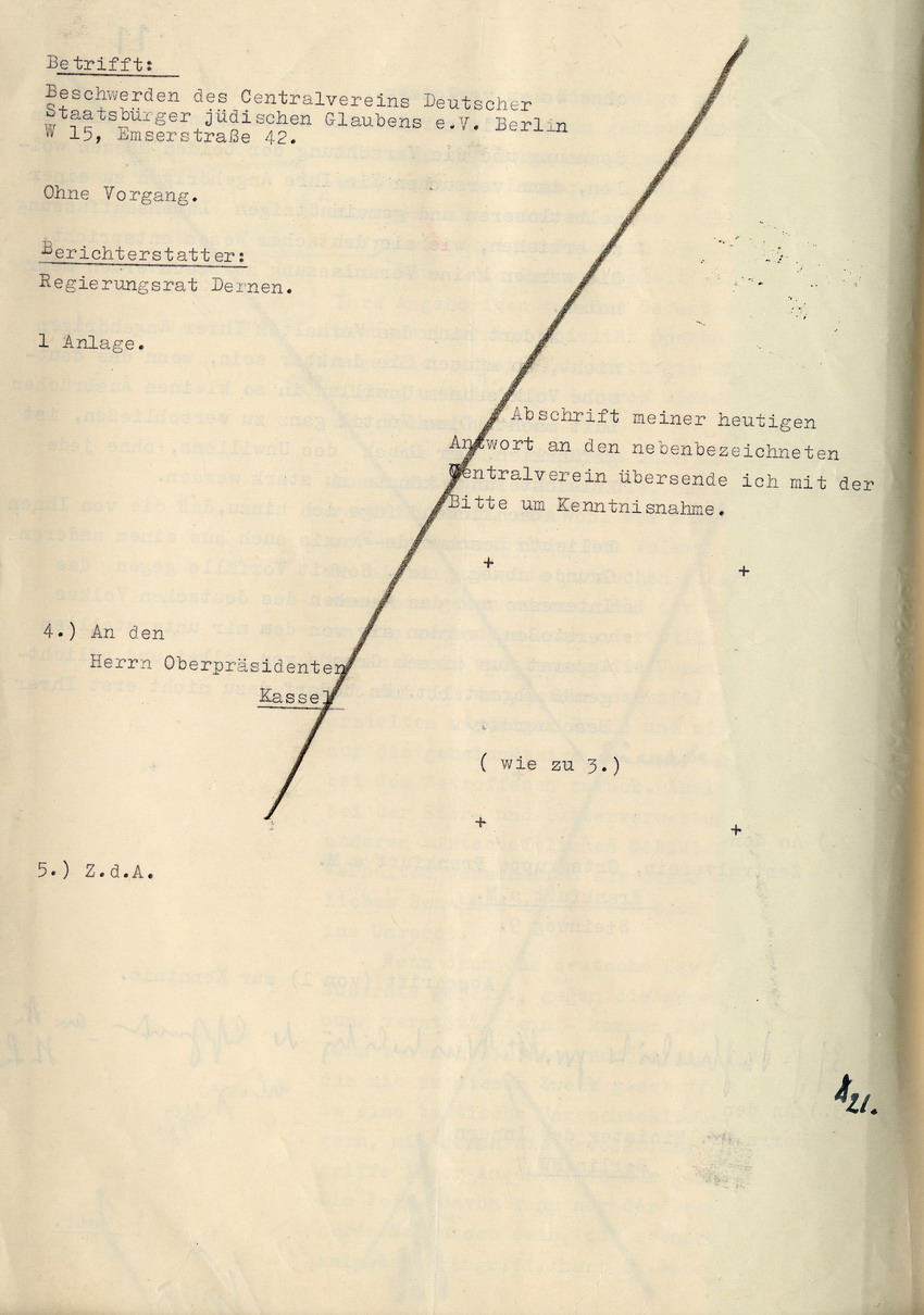 Antwortschreiben des Regierungsrates Dernen an den Cenralverein Deutscher Staatsbürger jüdischen Glaubens in Berlin wegen von diesem eingereichten Beschwerden, 28. Juni 1934.