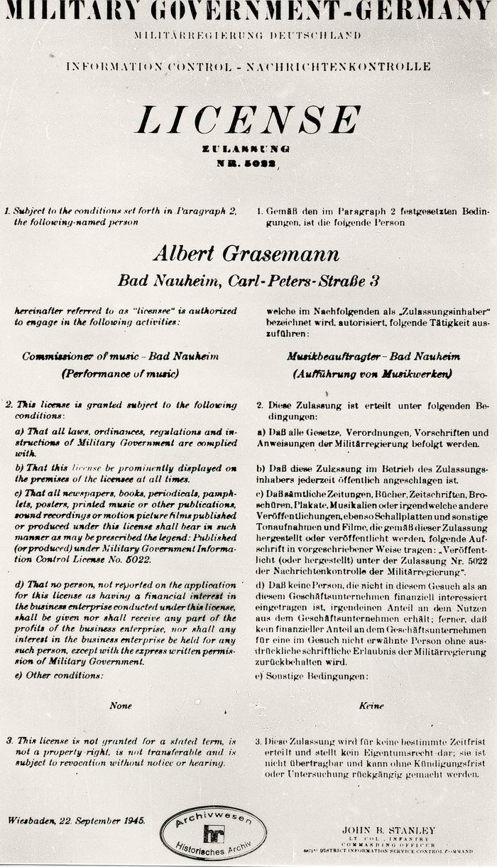 Lizenz: für Albert Grasemann in Bad Nauheim als Musikbeauftragter vom 22. September 1945