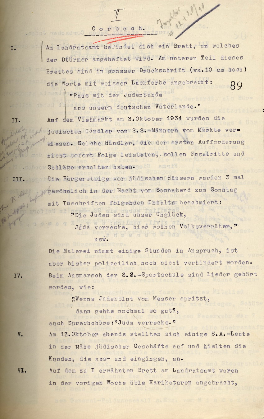 Schreiben des RA Dellevie an den Reg. Prä. in Kassel mit Auflistungen betreffend u.a.  Ausgrenzungen von Juden im LK Kassel,  in Corbach sowie Beschädigungen jüdischer Einrichtungen in Gensungen - Felsberg und Rhina, 02. November 1934.