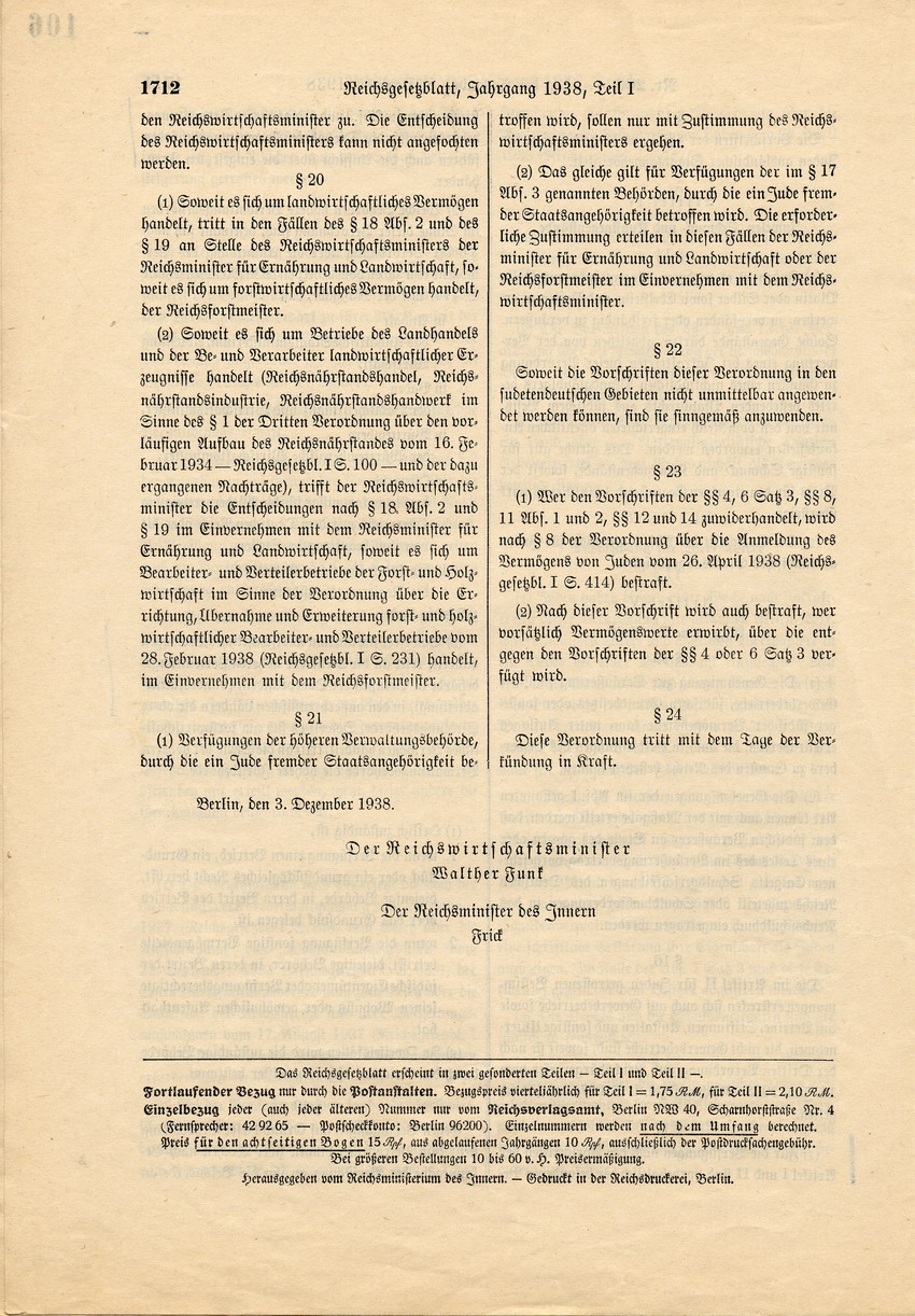 Reichsgesetzblatt, Teil 1, Berlin, 5. Dezember 1938
