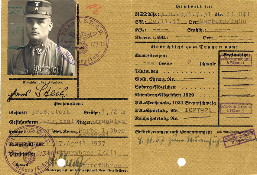 SA-Ausweis Hans Steihs, Gruppe Hessen, Brigade 48, Standarte Jäger 11, ausgestellt am 17. April 1937