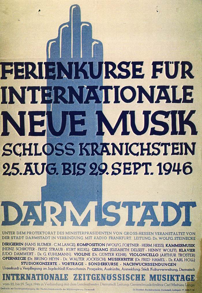 Plakat: Ferienkurse für Internationale Neue Musik Schloss Kranichstein im August/September 1946