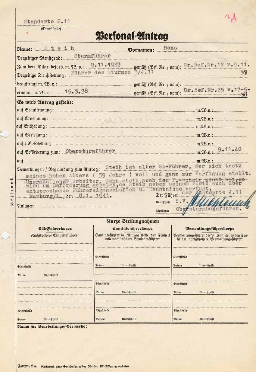 Personal-Antrag auf Beförderung zum Obersturmführer des Sturmführers Hans Steih. Marburg, 8. Januar 1941