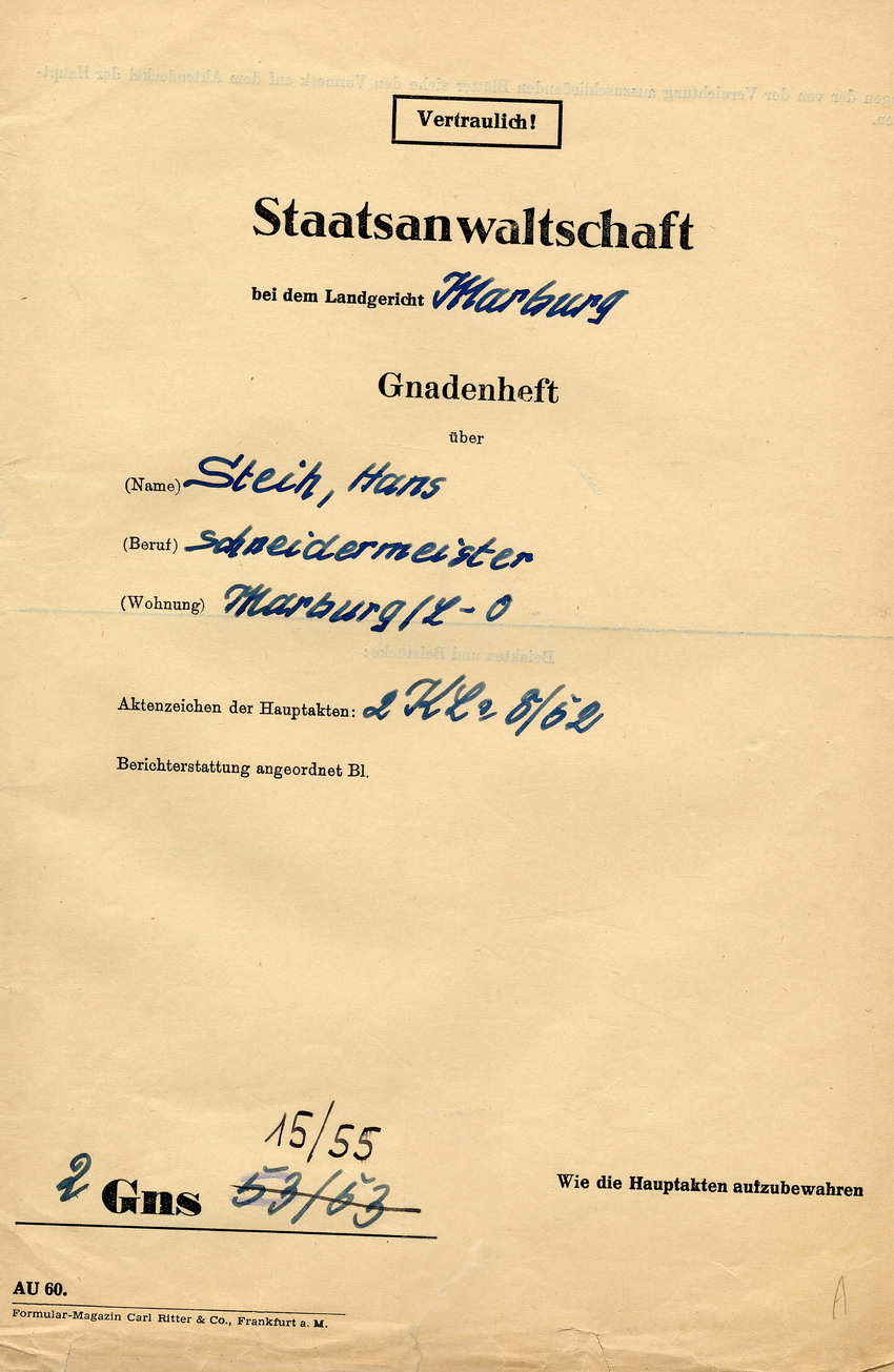 Hans Steih: "Mein Erleben im Internierungslager!" Marburg, 12. Mai 1948.