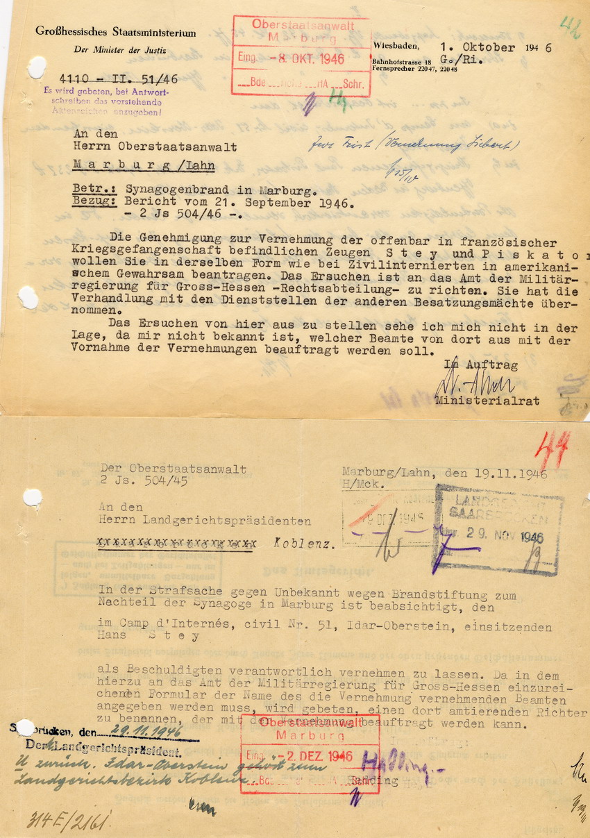 Das Großhessische Staatsministerium an den Oberstaatsanwalt in Marburg betreffend den Synagogenbrand in Marburg, Wiesbaden, 01. Oktober 1946.
Der Oberstaatsanwalt von Marburg an den Landgerichtspräsidenten in Koblenz in derselben Angelegenheit, Mb.