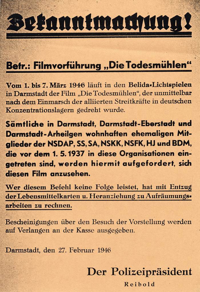 Anschlag: Betr.: Filmvorführung "Die Todesmühlen" vom 27. Februar 1947