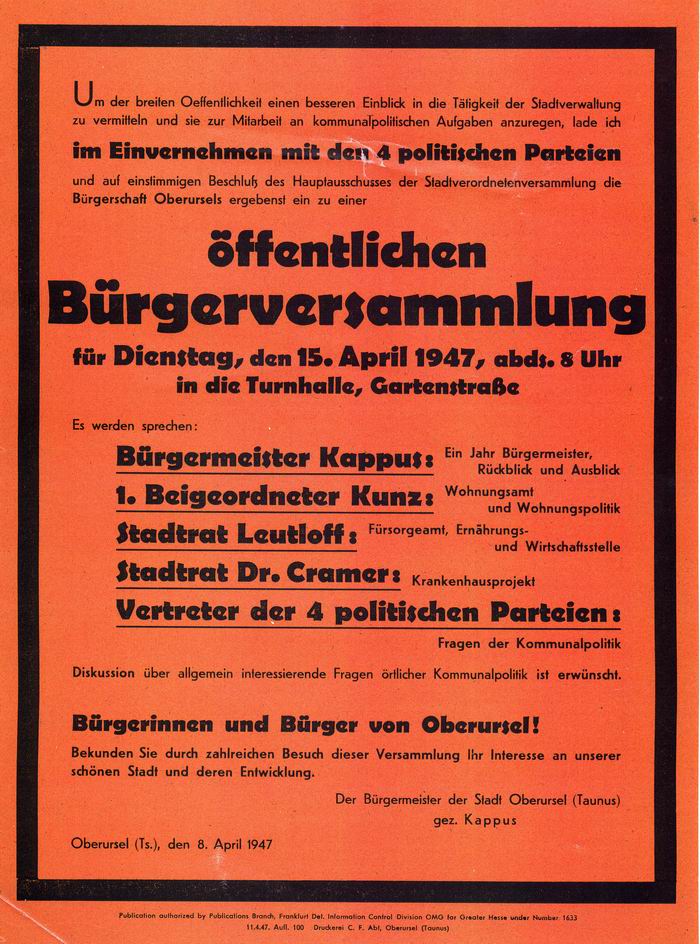 Anschlag: "Einladung zu einer öffentlichen Bürgerversammlung" in Oberursel am 15. April 1947