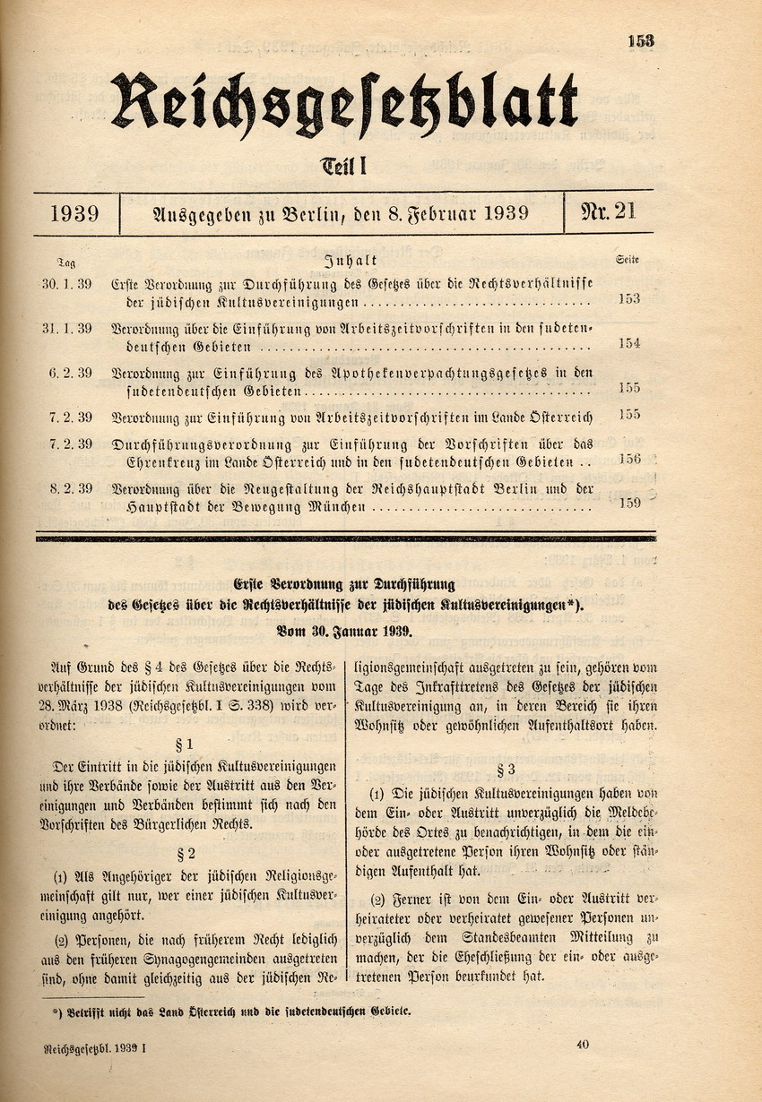 Erste Verordnung zur Durchführung des Gesetzes über die Rechtsverhältnisse der  jüdischen Kultusvereinigungen, 30. Januar 1939.