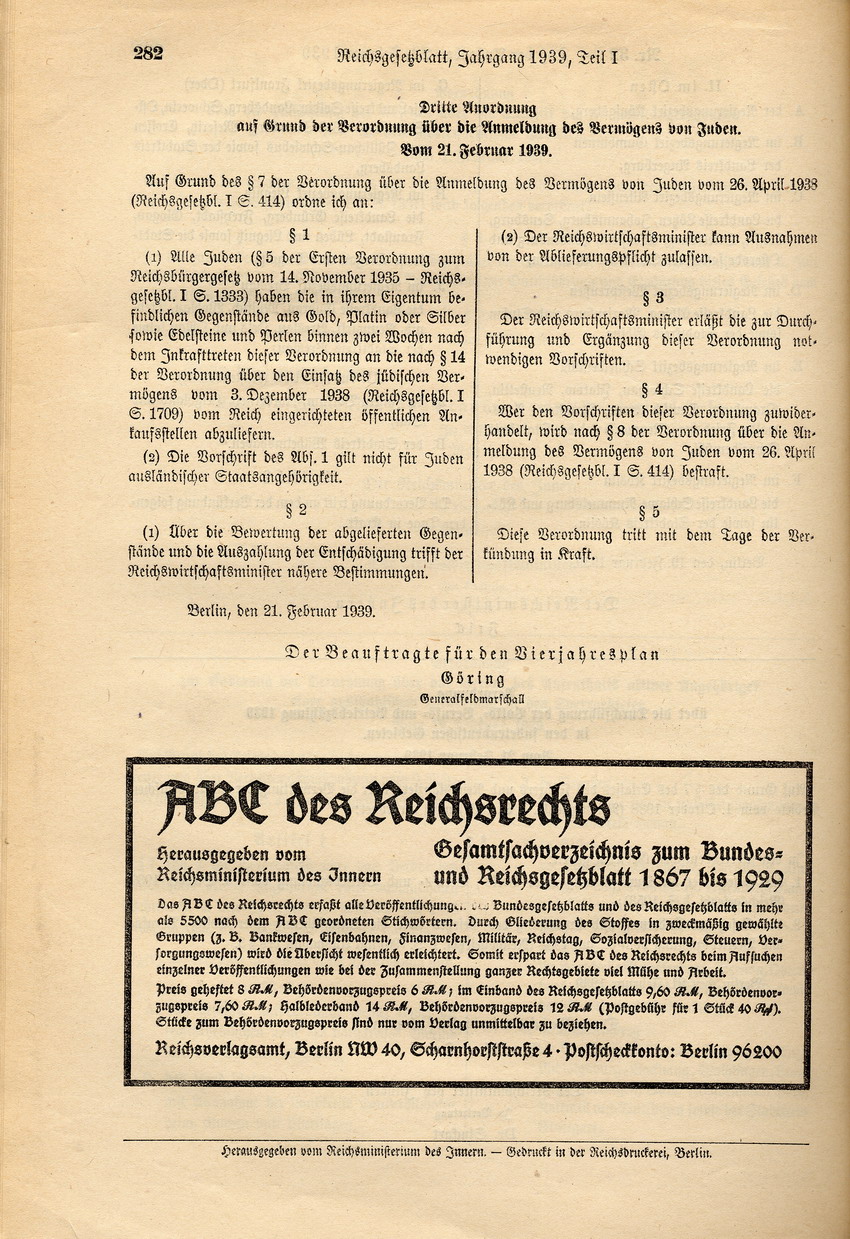 Dritte Anordnung auf Grund der Verordnung über die Anmeldung des Vermögens von Juden, 21. Februar 1939.