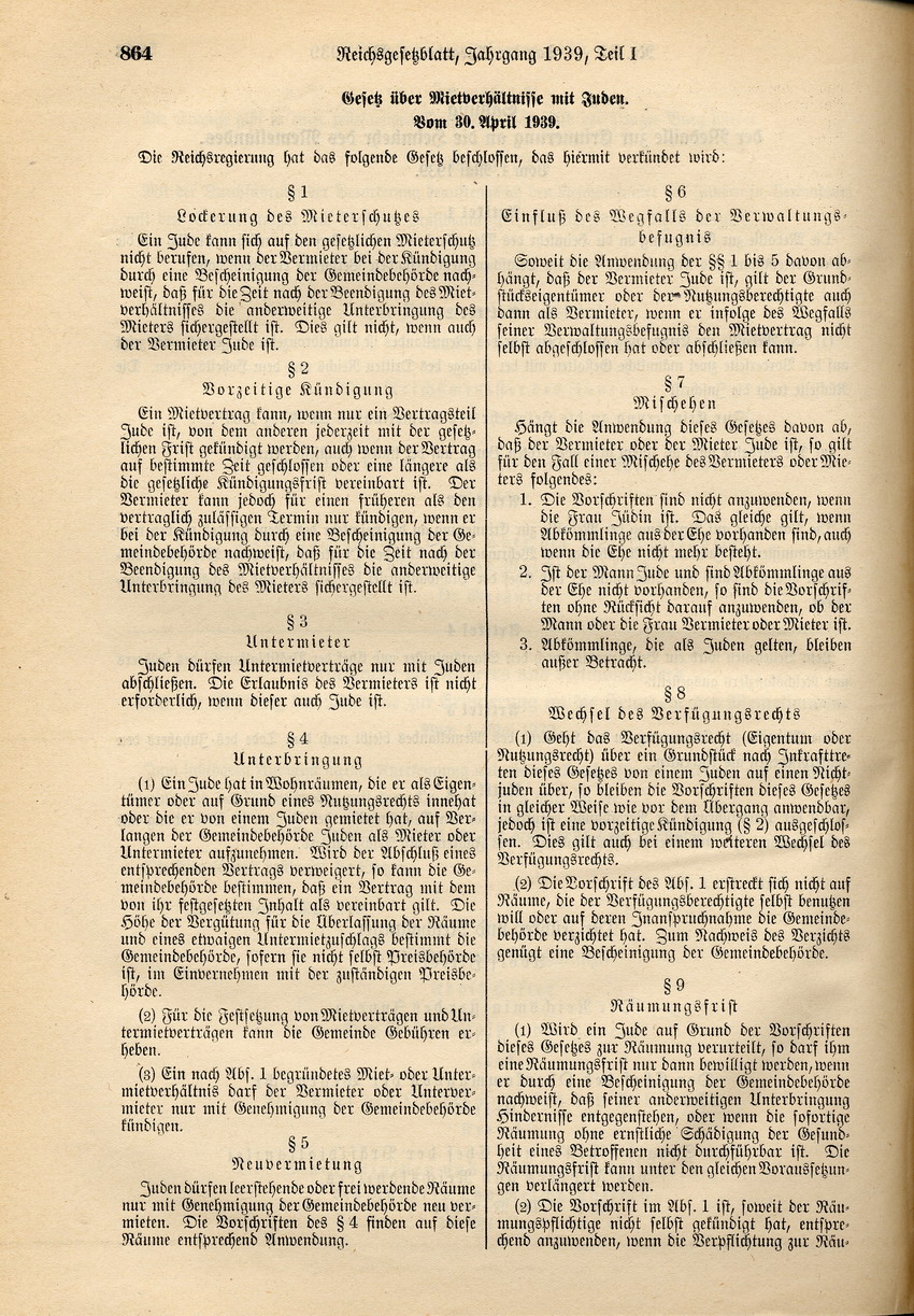 Gesetz über Mietverhältnisse mit Juden, 30. April 1939.