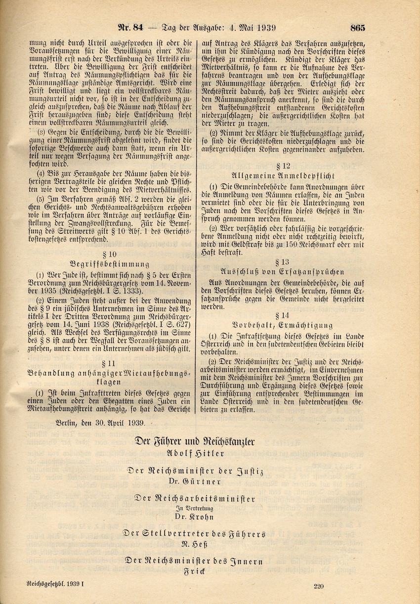 Gesetz über Mietverhältnisse mit Juden, 30. April 1939.
