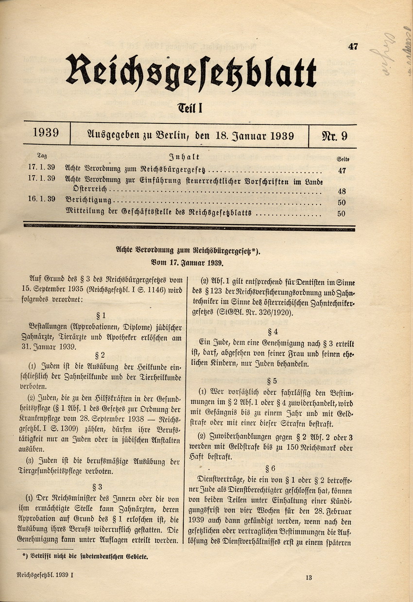 Achte Verordnung zum Reichsbürgergesetz, 17. Januar 1939.