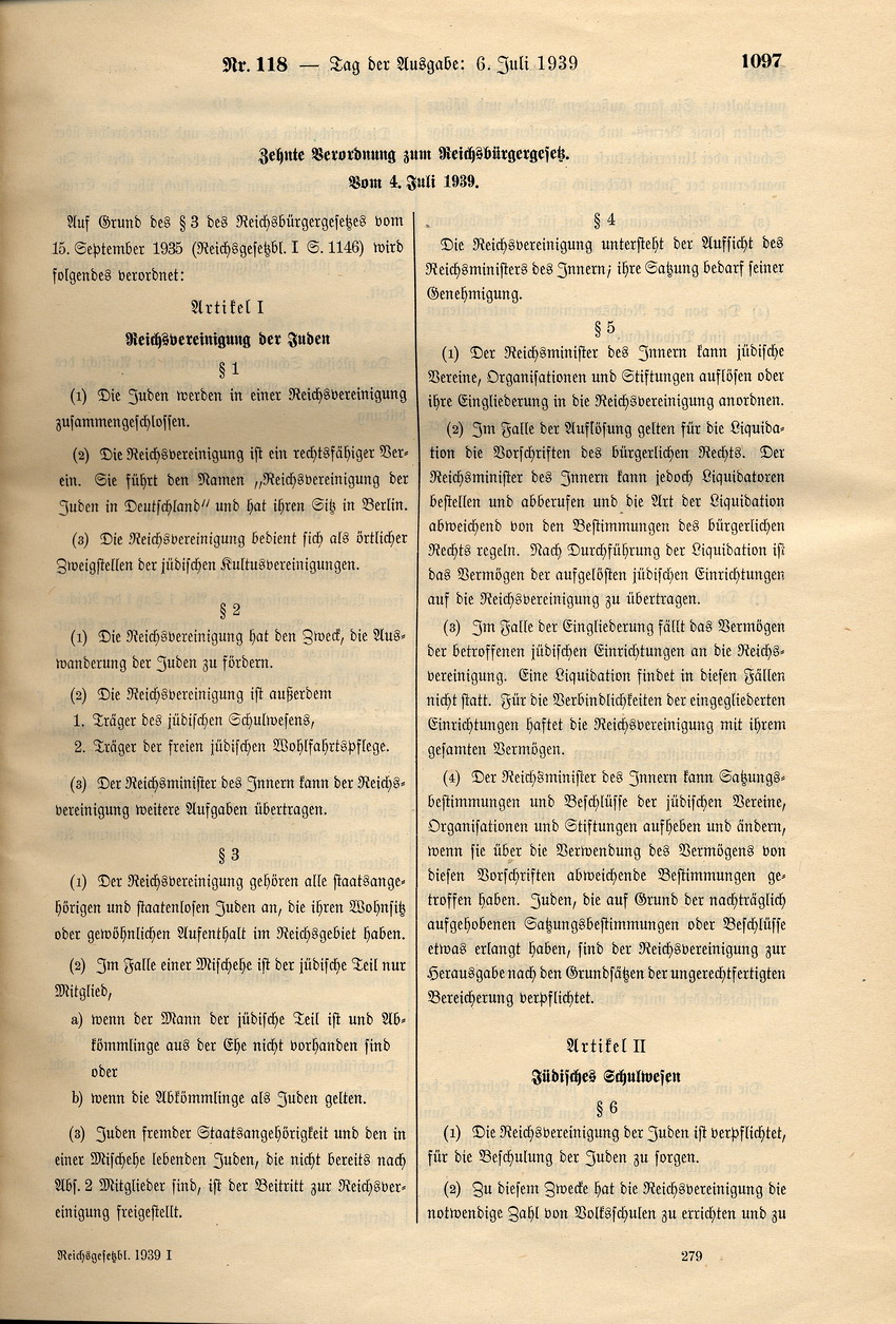Zehnte Verordnung zum Reichsbürgergesetz, 04. Juli 1939.