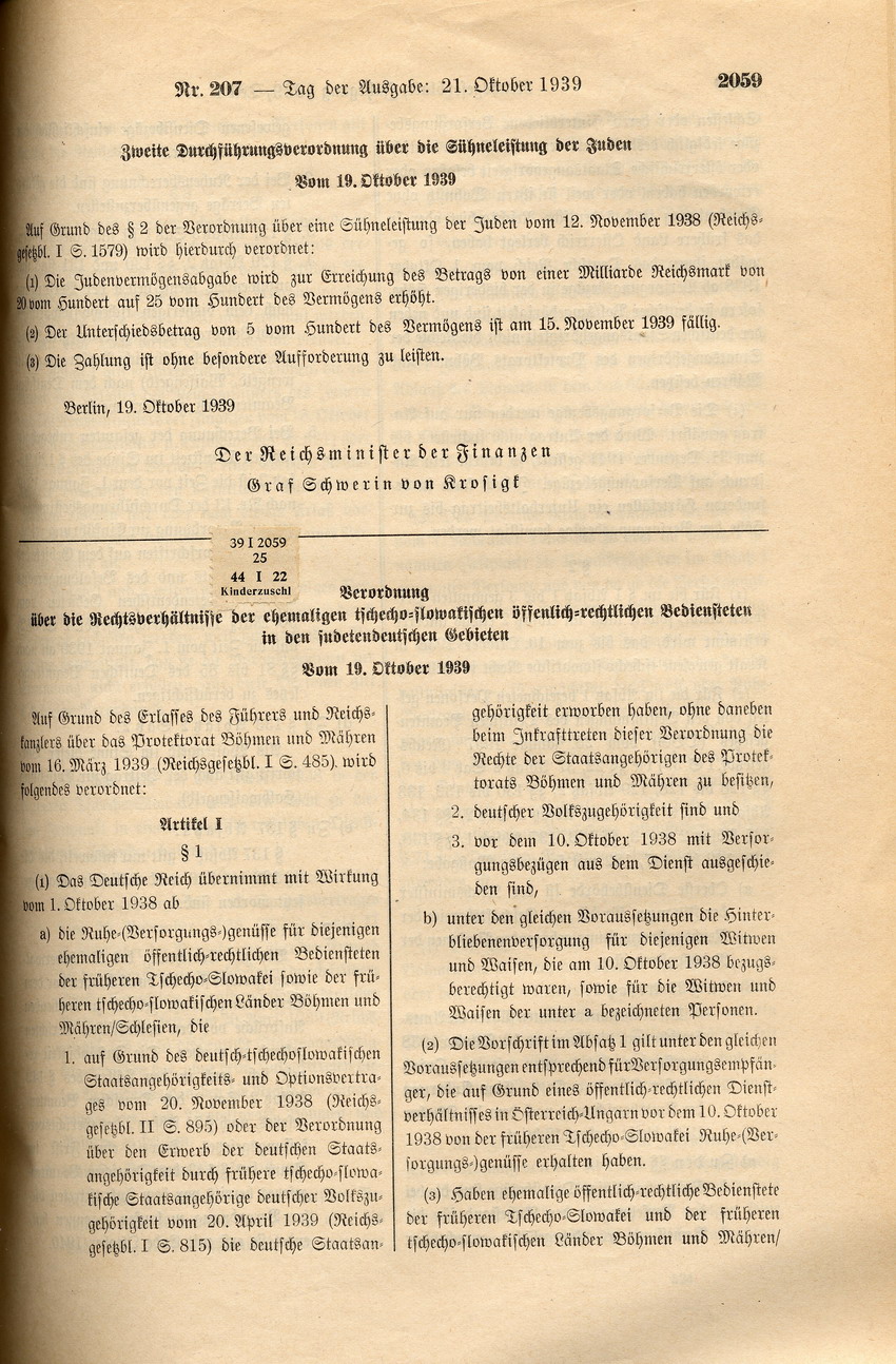 Zweite Durchführungsverordnung über die Sühneleistung der Juden, 19. Oktober 1939.
