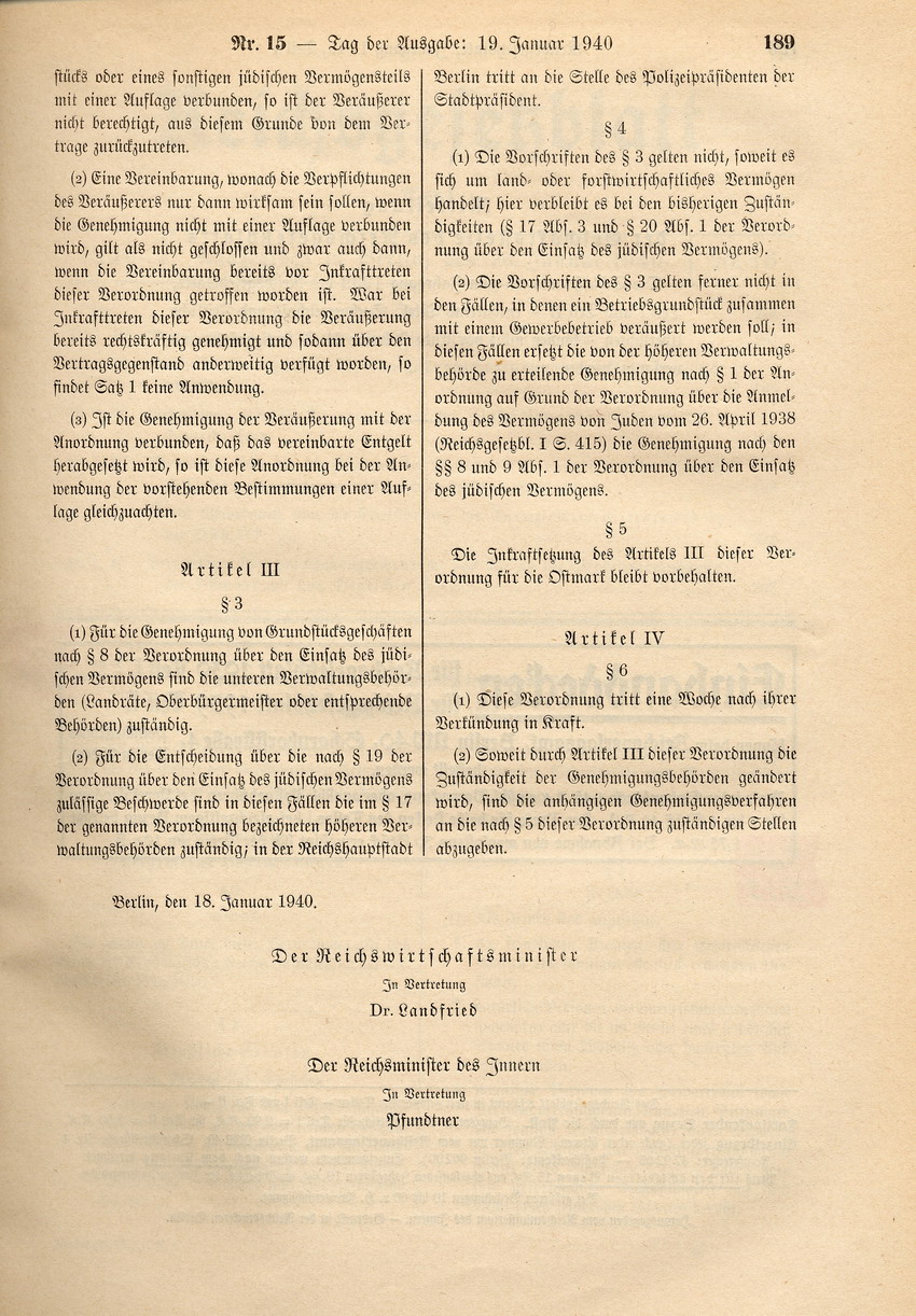 Zweite Verordnung zur Durchführung der Verordnung über den Einsatz des jüdischen Vermögens, 18. Januar 1940.