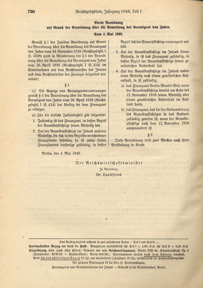 Vierte Anordnung auf Grund der Verordnung über die Anmeldung des Vermögens von Juden, 04. Mai 1940.