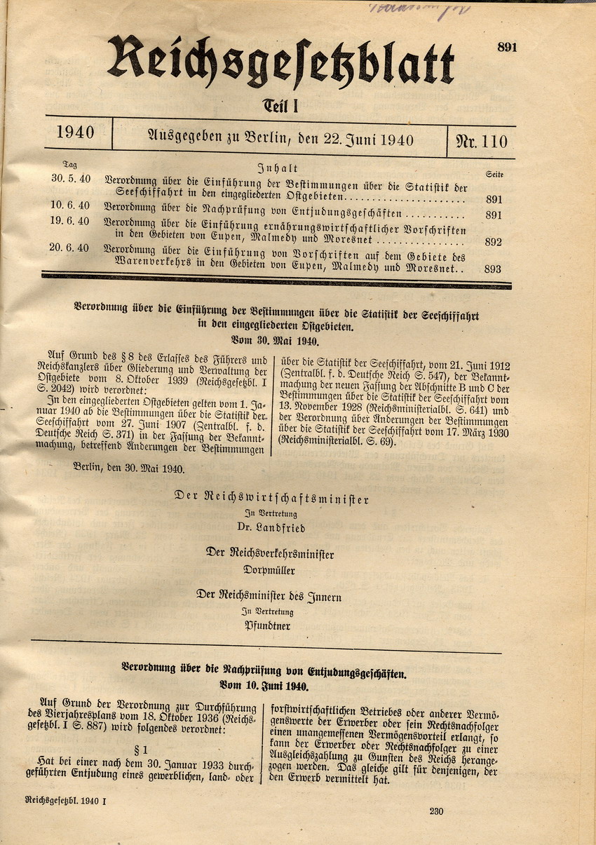 Veordnung über die Nachprüfung von Entjudungsgeschäften, 10. Juni 1940.