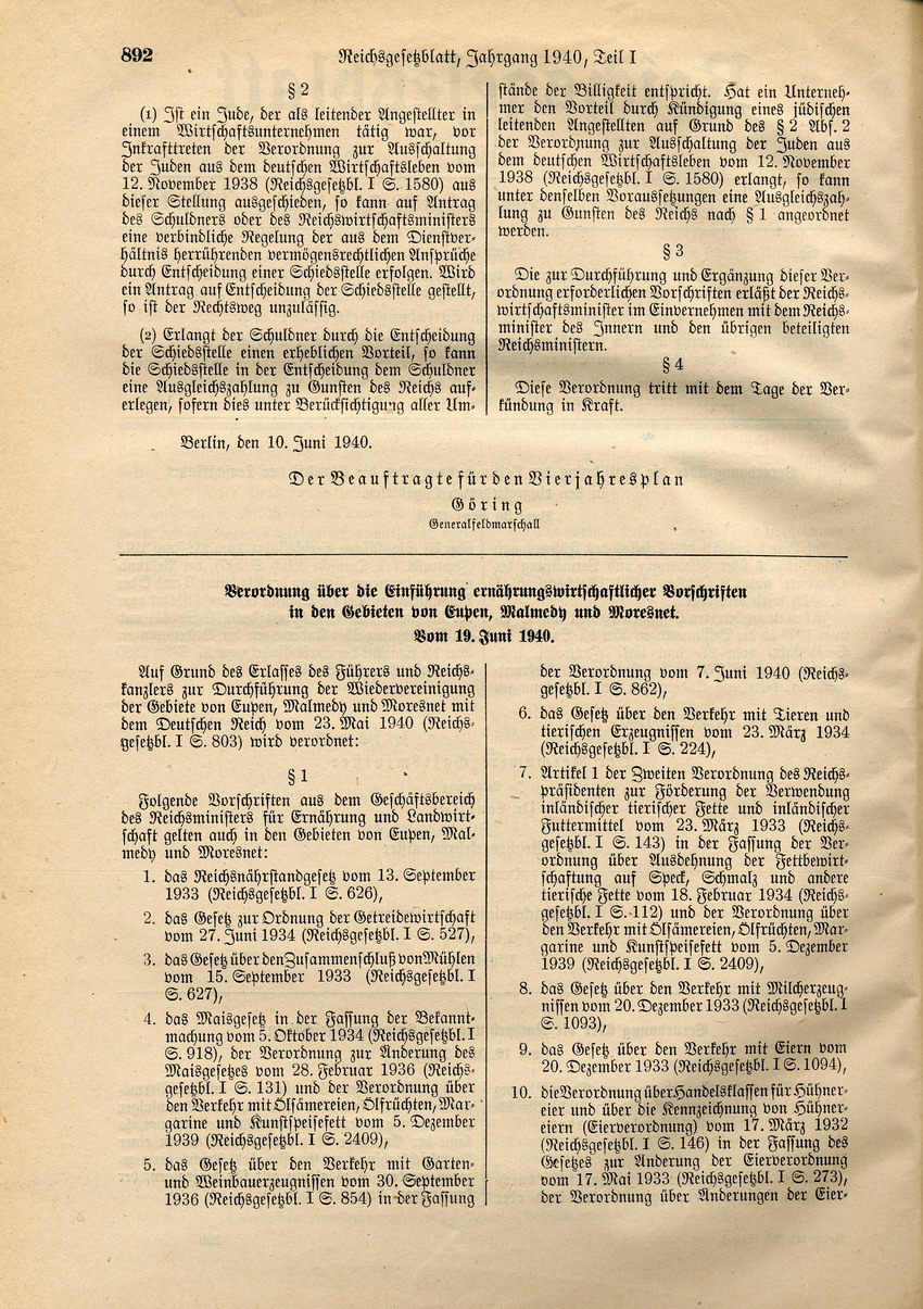 Veordnung über die Nachprüfung von Entjudungsgeschäften, 10. Juni 1940.