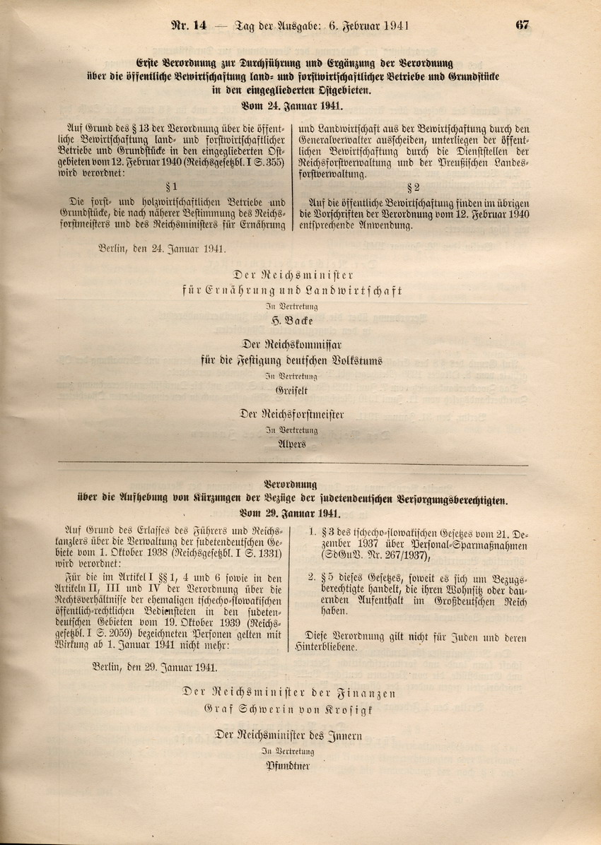 Verordnung über die Aufhebung von Kürzungen der Bezüge der sudetendeutschen Versorgungsberechtigten, 29. Januar 1941.