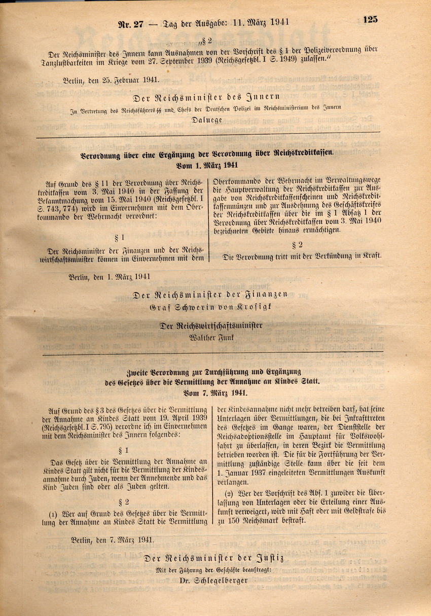 Zweite Verordnung zur Durchführung und Ergänzung des Gesetzes über die Vermittlung der Annahmen an Kindes Statt, 07. März 1941