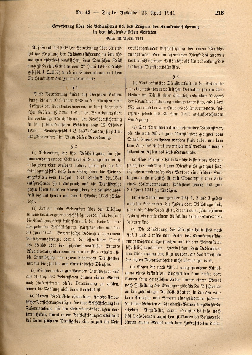 Verordnung über die Bediensteten bei den Trägern der Krankenversicherung in den sudetendeutschen Gebieten, 10. April 1941.